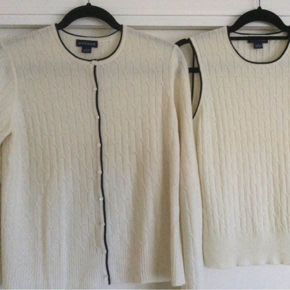 EUC Ann Taylor cashmere black tipped ivory sweater set. Size large. - Picture 7 of 11
